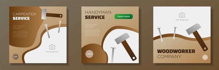 Woodworker service social media post, square banner set, carpenter business advertisement concept, handyman hammer and nails marketing ad, abstract modern flyer, isolated on background