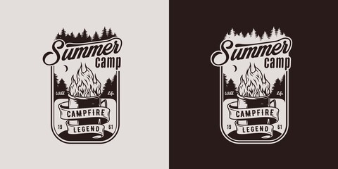 Camping design with flame in mug for coffee drinker outdoors. Adventure, wanderlust or explore in summer camp