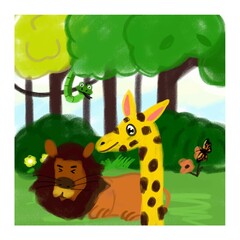 Obraz na płótnie Canvas Story of a cute lion and giraffe in the forest