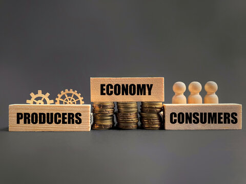 PRODUCERS ECONOMY CONSUMERS text background. Economic system concept. Stock photo.
