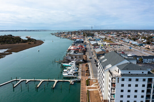 Aerial View of the Morehead City North Carolina waterfront looking south
