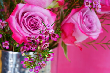 Large pink purple rose bouquet with wax flowers for Valentines Day