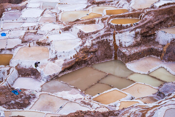 Worker at Salt pans (Salinas de Maras), Maras, near Cusco (Cuzco), Peru, South America
