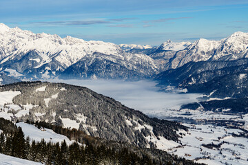 High fog over Maria Alm am Steinernen Meer - Hochkönig region - Salzburg, Austria - Views of the...