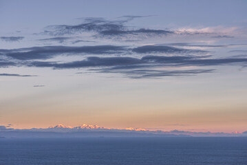 Fototapeta na wymiar Cordillera Real Mountain Range sunset (Bolivia) seen from Amantani Island on Lake Titicaca (Peru), South America