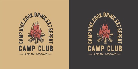 Bonfire for camping. Campfire burning bonfire with a large flame for camp club or explore and adventure in forest hiking