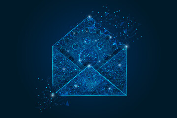 Abstract isolated image of a letter, mail or message interaction, business, connection. Polygonal illustration looks like stars in the blask night sky in spase or flying glass shards. © Katsiaryna