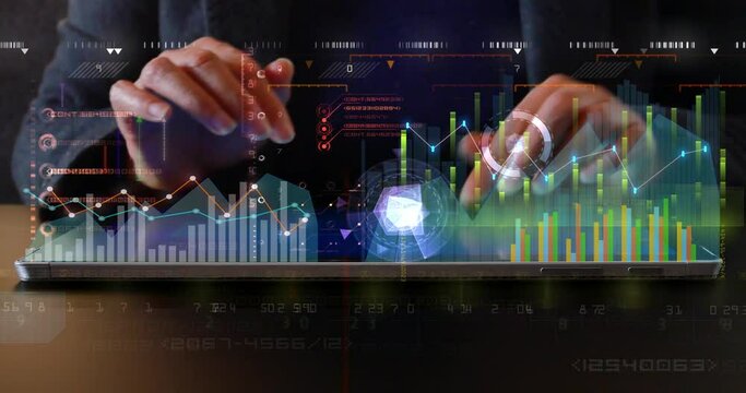 4K tablet computer keyboard input closeup;financial stock chart;Business tech digital Data trend hud Graph;Financial business diagram with charts and stock numbers showing profits.