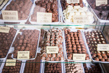 Chocolates in a chocolatier shop, Plaza 25 de Mayo (25 May Square), Sucre, Bolivia, South America