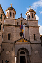 St Nicholas church on St Luke square in Kotor old town Montenegro. Unesco world heritage. Europe travel site. Vacation concept.  Tourism in adriatic sea. Serbian history of balkans