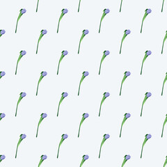 Seamless pattern with flower. Abstract cute pattern on a Woman's Day with blue tulip on a white background. Very Peri background with tulips. Spring postcard for March 8.
