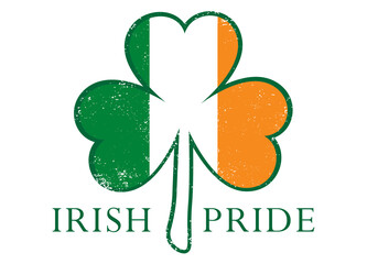 A grunge clover stamp with Irish flag colors 
