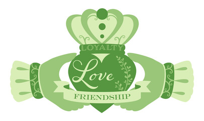 An Irish Claddagh design with loyalty, love, and friendship text
