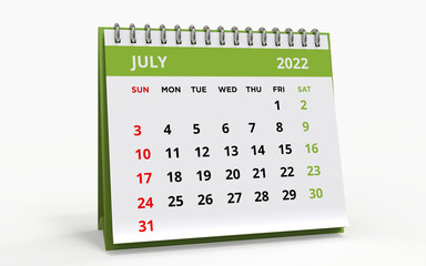 Standing Desk Calendar July 2022 green