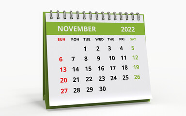 Standing Desk Calendar November 2022 green