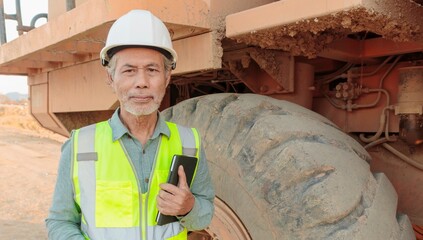 Senior engineer wearing a safety vest and helmet, holding a digital tablet at the construction area, an elderly worker working with a large truck as background