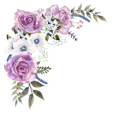 Flower bouquets with purple roses and anemones on a white isolated background. Hand-drawn watercolor illustration - obrazy, fototapety, plakaty