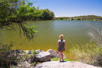 Fototapeta premium Tourist at lake at Valle Fertil, San Juan Province, North Argentina, South America