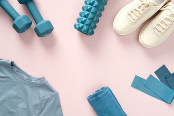 Sports equipment on pastel pink background. Feminine items and clothing for fitness workout. Flat lay, top view.