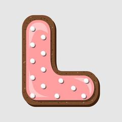 Vector top view L shaped chocolate coral cookie decorated with confectionery cream.