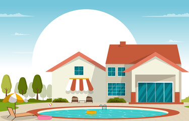 Outdoor Swimming Pool Luxury House Leisure Relaxation Flat Design Illustration