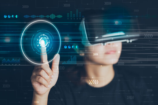 Women wear virtual reality glasses to enter the virtual world, to experience the virtual world technology, the future world, to experience entertainment through the screen.VR