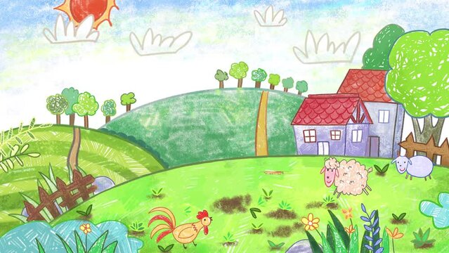 Farm Vegetable Garden Cartoon Animation. Cute oil pastel crayon doodle hand-drawn animation. Cow, Dog, Sheep, Rooster, Hen, Pig.