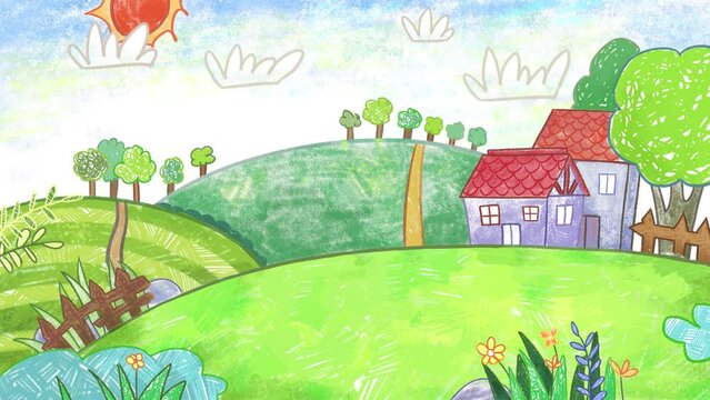 Farm Vegetable Garden Cartoon Animation. Cute oil pastel crayon doodle hand-drawn animation.