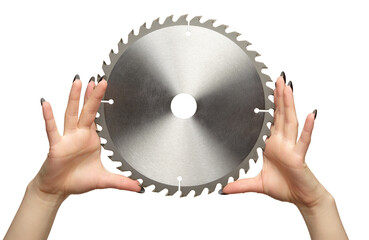 Female hands with black nails manicure with circular saw blade.