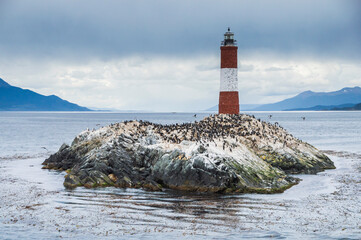 Les Eclaireurs Lighthouse and cormorant colony on an island in the Beagle Channel, Ushuaia, Tierra...