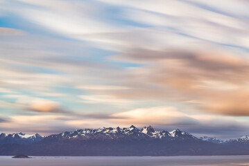 Andes Mountain Range in Chile seen from Ushuaia, the southern most city in the world, Tierra del Fuego, Patagonia, Argentina, background with copy space, South America, background with copy space