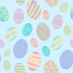 Colourful Easter eggs arranged in a seamless pattern against a blue background.