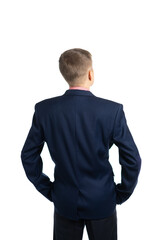 a man in a business suit stands with his back to us and holds his hands in his pockets. business man. isolated