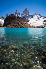 Mount Fitz Roy (aka Cerro Chalten) rising from Lago de los Tres, El Chalten, Patagonia, Argentina, South America