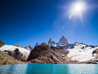 Mount Fitz Roy (aka Cerro Chalten) rising from Lago de los Tres, El Chalten, Patagonia, Argentina, South America, background with copy space