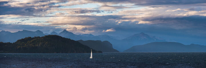 Sailing boat on Nahuel Huapi Lake (Lago Nahuel Huapi), Bariloche (aka San Carlos de Bariloche), Rio...