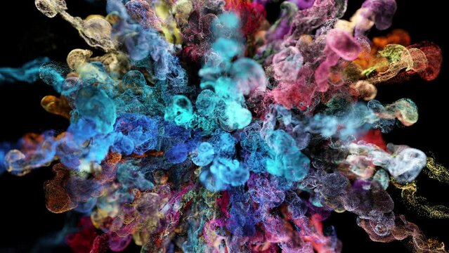 Color Burst iridescent multicolored colorful rainbow smoke powder explosion fluid ink particles slow motion alpha matte on black. Cg, 4k.