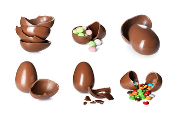 Chocolate Easter eggs with candies on white background