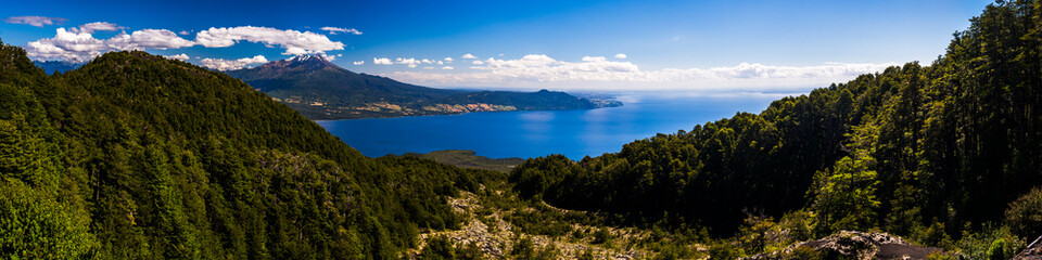 Fototapeta na wymiar Calbuco Volcano (left) and Llanquihue Lake, Chilean Lake District, Chile, South America