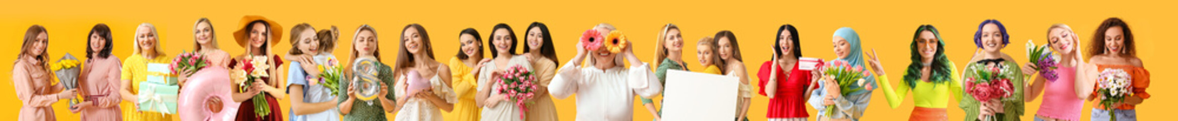 Group of beautiful women with flowers and poster on yellow background