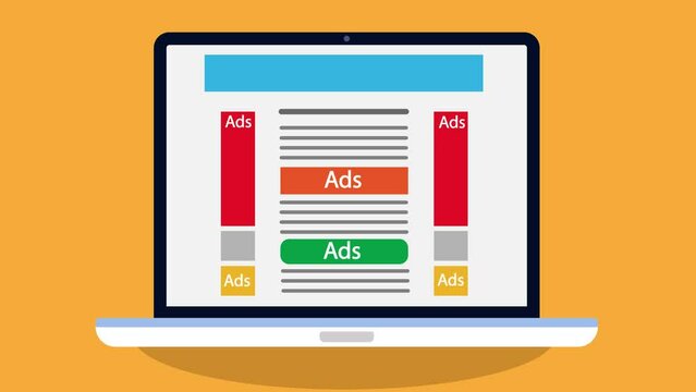 Digital Advertising, Placements and Optimization Concept. Illustrative Animation of  Responsive Ads Showing on Laptop Screen. 