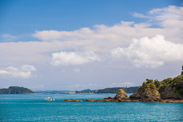 Motor boat in Russell, Bay of Islands, Northland Region, North Island, New Zealand