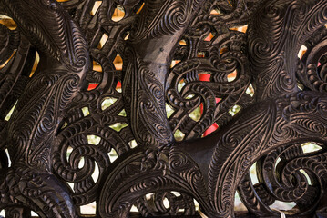Wooden carving details on a Maori War Canoe, Waitangi Treaty Grounds, Bay of Islands, North Island, New Zealand