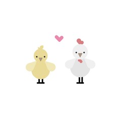 Vector flat cute illustrations with hen and chicken and little heart on white background for card, poster or print.