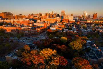 Aerial Drone View of Baltimore City Buildings at Sunset