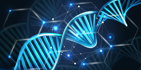Luminous DNA strands on a dark blue background.