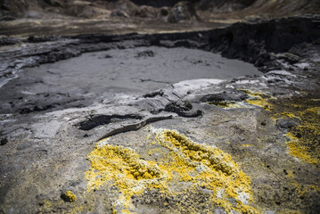 Yellow Sulphur at White Island Volcano, an active volcano in the Bay of Plenty, North Island, New Zealand