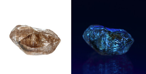 Comparison photos of rare variety of diamond quartz with hydrocarbon inclusions (Petroleum quartz /...
