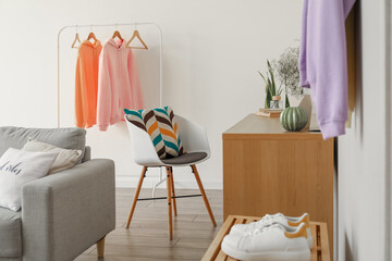 Interior of modern room with clothes rack
