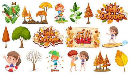 Set of four seasons trees and nature objects